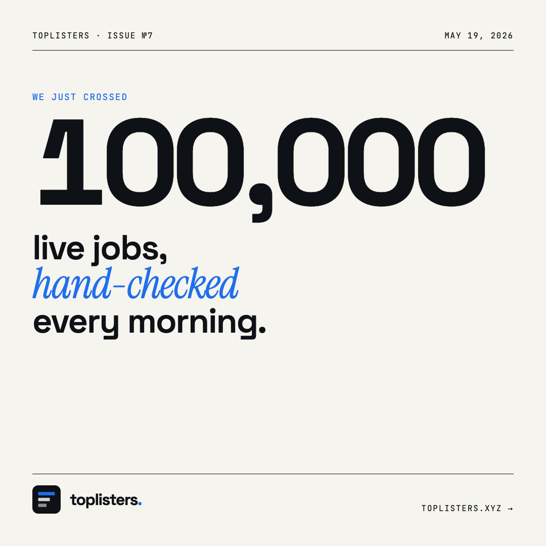 100k jobs ranked on one list TopListers milestone poster (dark variant).